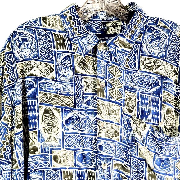 John Ashford Short Sleeve Casual Shirt Size L Blue & Green Fish Tropical Print - Picture 1 of 12